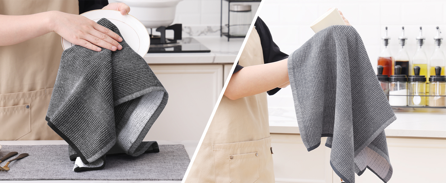 Homaxy Premium Kitchen Towels(18”x 28”, 6 Pack), Large Cotton Kitchen Hand Towels, Flat and Terry Dish Towels, 380 GSM Highly Absorbent Tea Towel Set with Hanging Loop, Grey