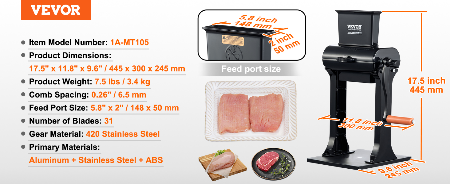 VEVOR Commercial Meat Tenderizer, Stainless Steel Manual Meat Tenderizer Machine Heavy Duty Clamps, Easy Operation Kitchen Tool, 5.8