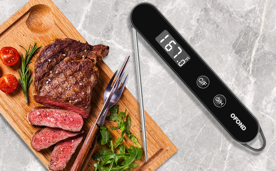 Meat Thermometer Digital for Cooking and Grilling,Instant Read Food Thermometer with Battery,Folding Accurate Probe Kitchen Thermometer for BBQ,Backlit LCD,Store by Magnet and Hook (Black)