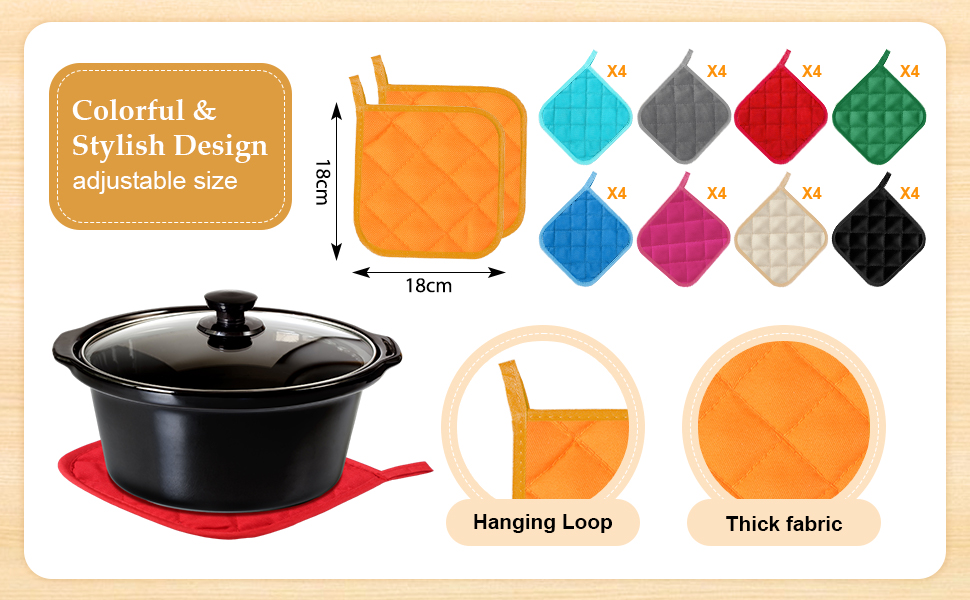 Layhit 36 Pcs Pot Holders for Kitchens Cotton Heat Resistant Potholders Oven Pot Holders Washable Hot Pads Bulk Potholders with Hanging Loops Cloth Coaster Mitts for Cooking Baking 7 x 7 Inch 9 Colors