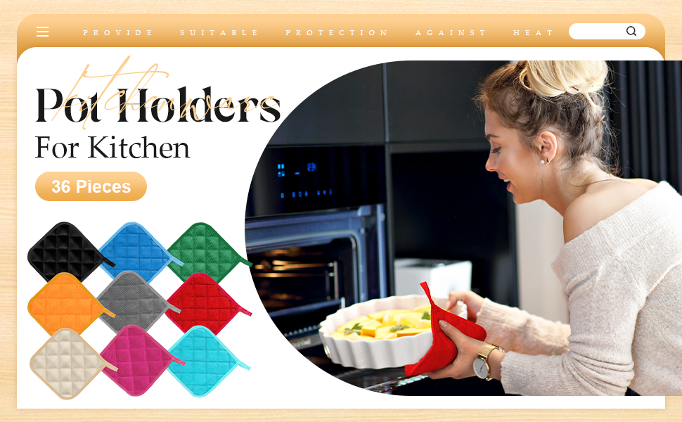 Layhit 36 Pcs Pot Holders for Kitchens Cotton Heat Resistant Potholders Oven Pot Holders Washable Hot Pads Bulk Potholders with Hanging Loops Cloth Coaster Mitts for Cooking Baking 7 x 7 Inch 9 Colors