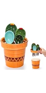 Coloch 5Pcs Ceramic Measuring Spoons in Pot, Cactus Shape Baking Measuring Spoons and Cup Decorative Cactus Figurine Measuring Spoon Set for Baking, Milk, Sugar, Salt