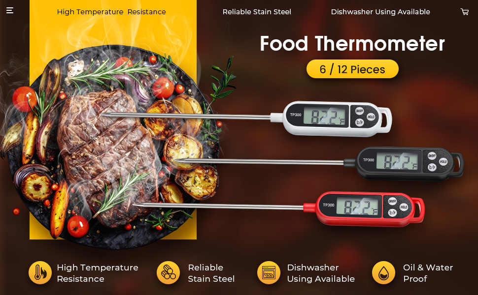 6 Pcs Meat Thermometer Food Thermometer with Probe Water Liquid Instant Read Digital Thermometer Cooking Thermometer Supplies BBQ Kitchen Thermometer for Cooking Milk Yogurt (Red)