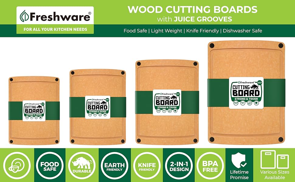 Freshware Wood Cutting Boards for Kitchen, Dishwasher Safe, Medium 12" x 9" and Large, 15" x 11.25", Set of 2, Natural