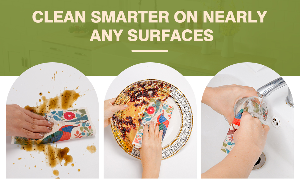 Swedish Dishcloths for Kitchen Reusable 6 Pack Kitchen Towels No Odor Quick-Drying Reusable Paper Towels Reusable Paper Towels Washable for Countertop Sink Kitchen Flower Bird