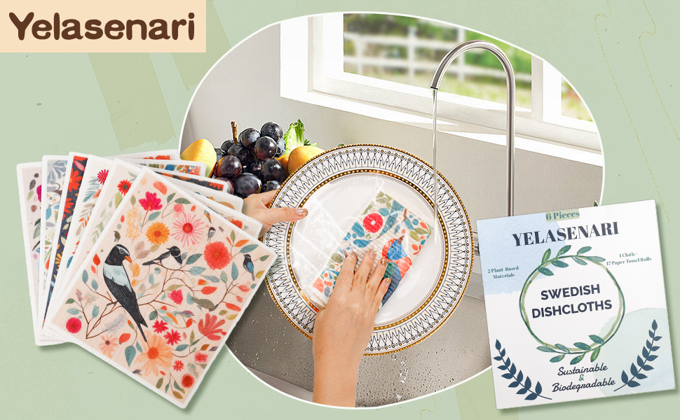 Swedish Dishcloths for Kitchen Reusable 6 Pack Kitchen Towels No Odor Quick-Drying Reusable Paper Towels Reusable Paper Towels Washable for Countertop Sink Kitchen Flower Bird