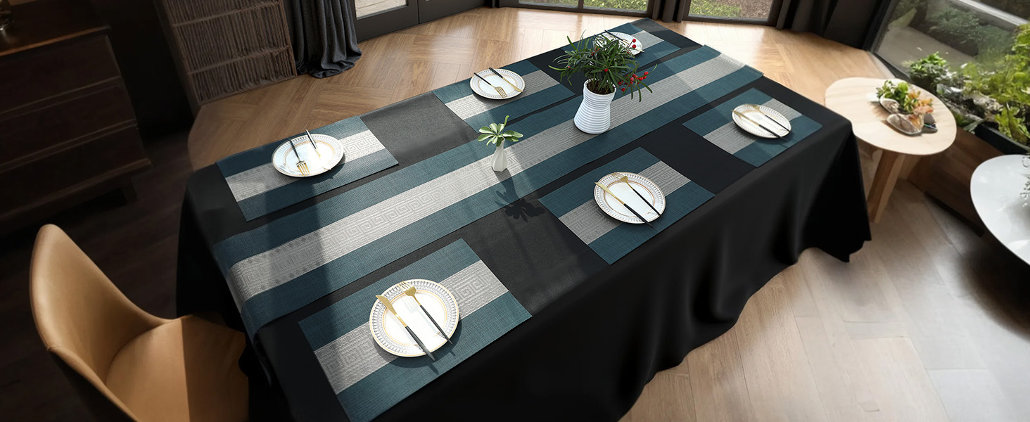 FAVE Placemats Set of 6 Indigo Blue Woven with Gray Placemats Durable and Wipeable Vinyl Placemat Set of 6 for Wedding, Banquet, Birthday, Party, Restaurant Decorations（Indigo Blue）