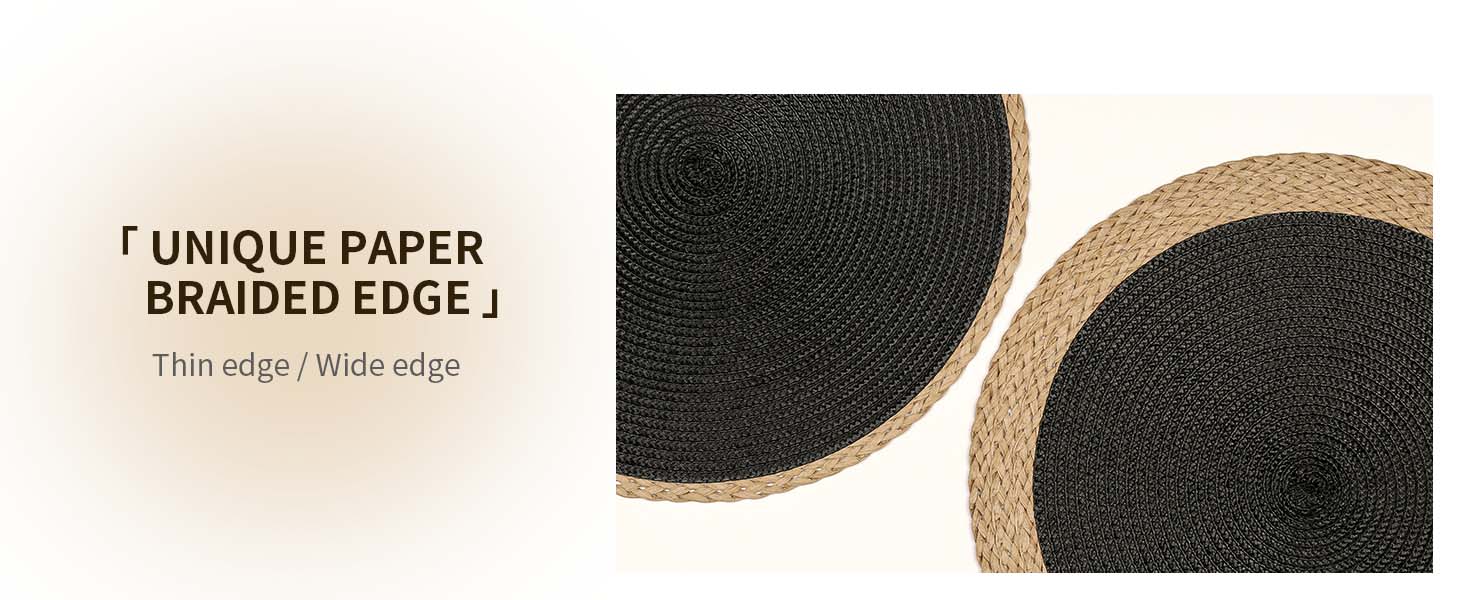 Noctiflorous Round Placemats Set of 4, 15 Inch Braided Hand Woven Table Mats, Heat Resistant Non-Slip Wipeable Thin Edge Place Mats for Kitchen Dining Indoor Outdoor Use(Black, 4)