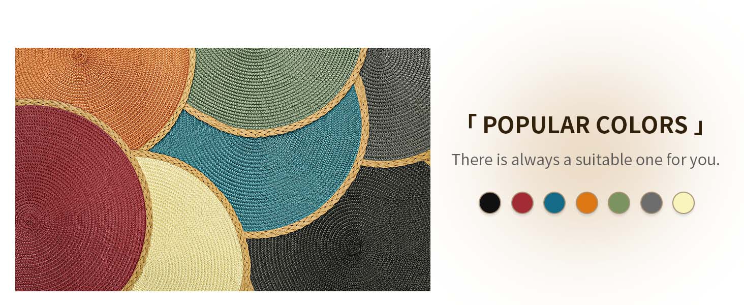 Noctiflorous Round Placemats Set of 4, 15 Inch Braided Hand Woven Table Mats, Heat Resistant Non-Slip Wipeable Thin Edge Place Mats for Kitchen Dining Indoor Outdoor Use(Black, 4)