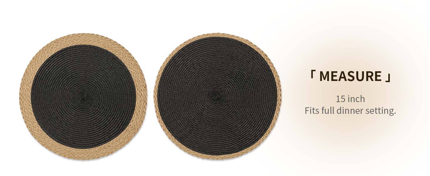 Noctiflorous Round Placemats Set of 4, 15 Inch Braided Hand Woven Table Mats, Heat Resistant Non-Slip Wipeable Thin Edge Place Mats for Kitchen Dining Indoor Outdoor Use(Black, 4)