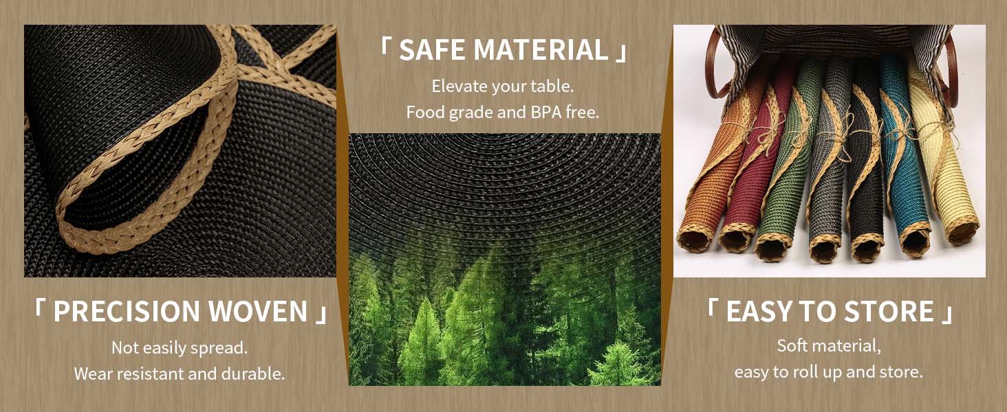 Noctiflorous Round Placemats Set of 4, 15 Inch Braided Hand Woven Table Mats, Heat Resistant Non-Slip Wipeable Thin Edge Place Mats for Kitchen Dining Indoor Outdoor Use(Black, 4)