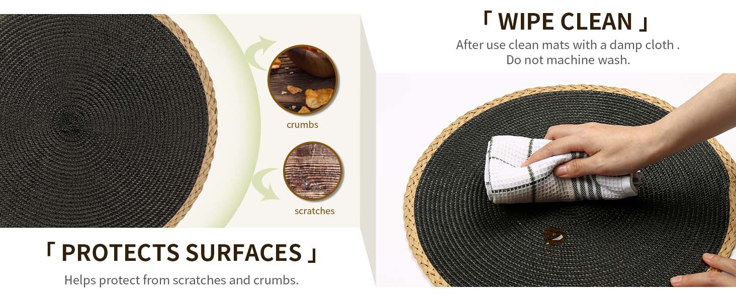 Noctiflorous Round Placemats Set of 4, 15 Inch Braided Hand Woven Table Mats, Heat Resistant Non-Slip Wipeable Thin Edge Place Mats for Kitchen Dining Indoor Outdoor Use(Black, 4)