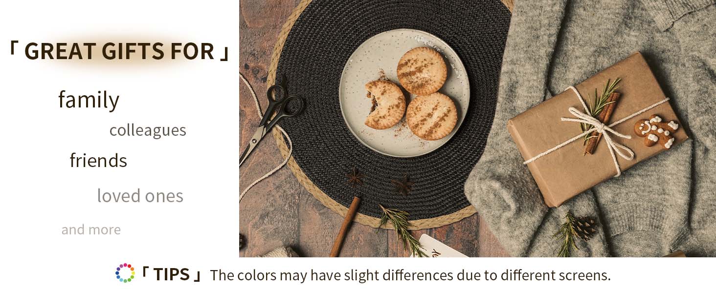 Noctiflorous Round Placemats Set of 4, 15 Inch Braided Hand Woven Table Mats, Heat Resistant Non-Slip Wipeable Thin Edge Place Mats for Kitchen Dining Indoor Outdoor Use(Black, 4)