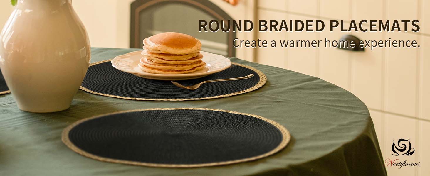 Noctiflorous Round Placemats Set of 4, 15 Inch Braided Hand Woven Table Mats, Heat Resistant Non-Slip Wipeable Thin Edge Place Mats for Kitchen Dining Indoor Outdoor Use(Black, 4)