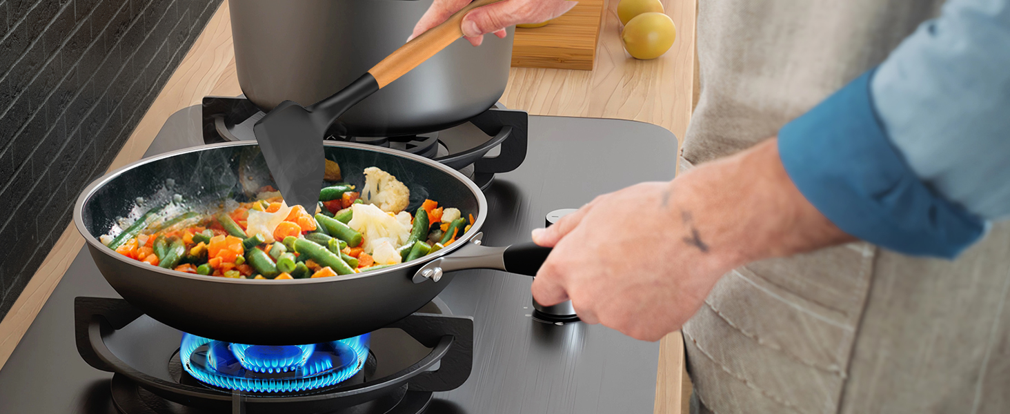 Silicone Cooking Utensils Set - AVGPD Silicone Kitchen Utensils for Cooking Wooden Handles, 446°F Heat Resistant Kitchen Utensil Spatula Sets, Gadgets for Non-Stick Cookware BPA FREE (Black)