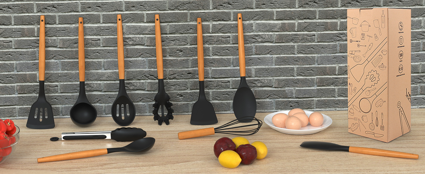 Silicone Cooking Utensils Set - AVGPD Silicone Kitchen Utensils for Cooking Wooden Handles, 446°F Heat Resistant Kitchen Utensil Spatula Sets, Gadgets for Non-Stick Cookware BPA FREE (Black)