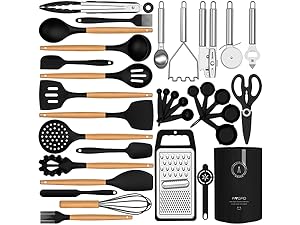 Silicone Cooking Utensils Set - AVGPD Silicone Kitchen Utensils for Cooking Wooden Handles, 446°F Heat Resistant Kitchen Utensil Spatula Sets, Gadgets for Non-Stick Cookware BPA FREE (Black)