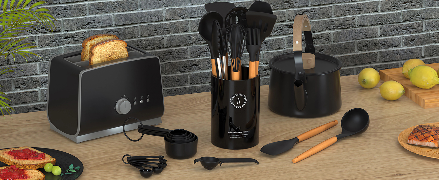 Silicone Cooking Utensils Set - AVGPD Silicone Kitchen Utensils for Cooking Wooden Handles, 446°F Heat Resistant Kitchen Utensil Spatula Sets, Gadgets for Non-Stick Cookware BPA FREE (Black)