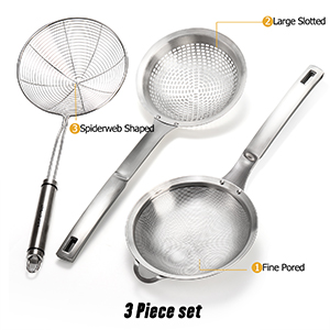 Suwimut 3 Pieces Spider Strainer Skimmer Spoon Set, Fine Mesh Stainless Steel Sieve Food Strainers, Large Hole Slotted Colander Frying Spoons, Strainer Ladle Wire Skimmer Spoon with Handle for Kitchen