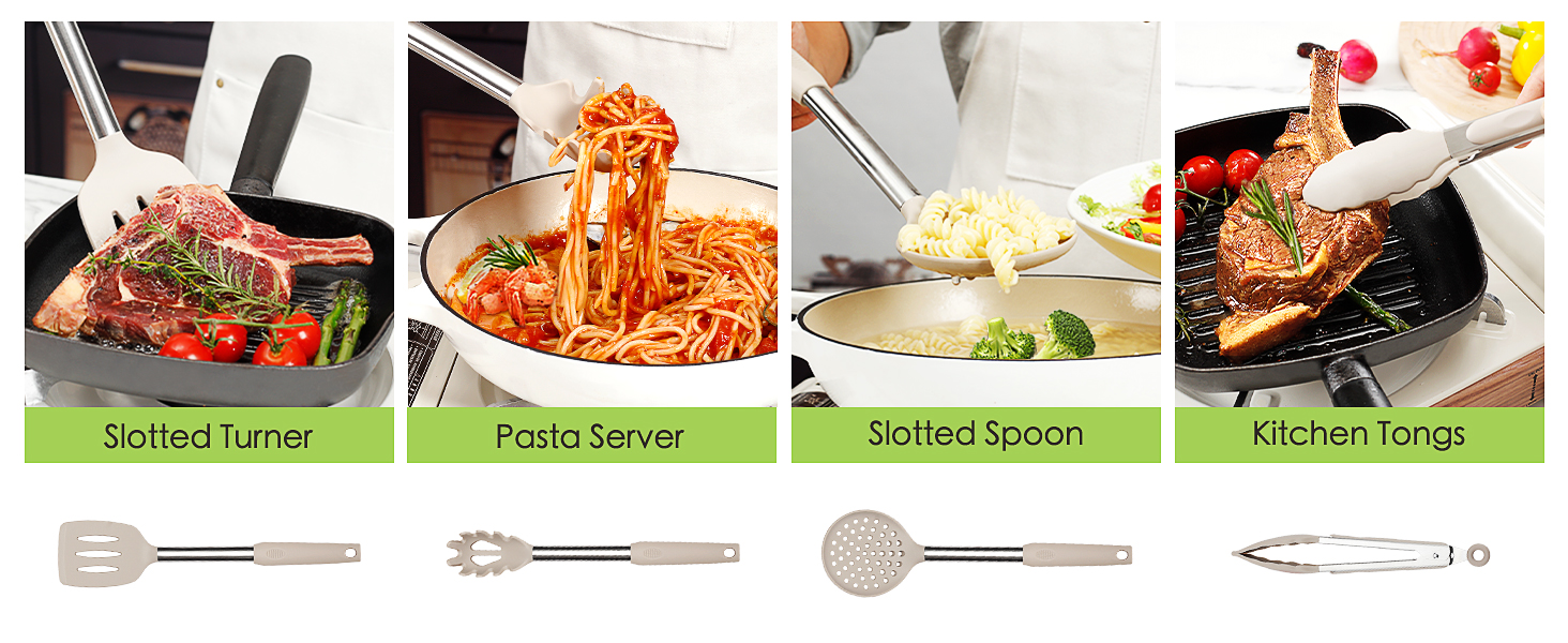 Cooking Utensils Set, 35Pcs Silicone Kitchen Utensils Set with Holder, 446°F Heat Resistant Food Grade Spatula Set, BPA Free Kitchen Gadgets for Non-stick Cookware, Easy to Clean (Khaki)