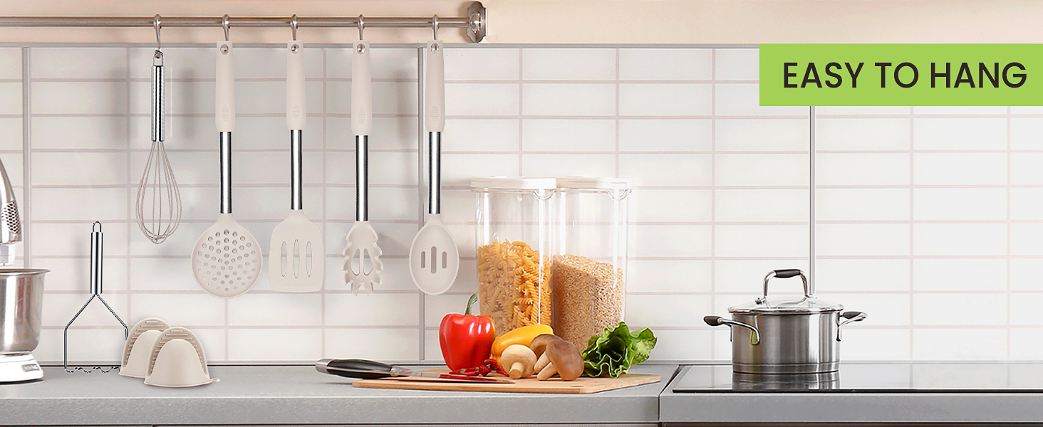 Cooking Utensils Set, 35Pcs Silicone Kitchen Utensils Set with Holder, 446°F Heat Resistant Food Grade Spatula Set, BPA Free Kitchen Gadgets for Non-stick Cookware, Easy to Clean (Khaki)