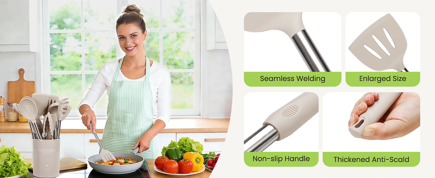 Cooking Utensils Set, 35Pcs Silicone Kitchen Utensils Set with Holder, 446°F Heat Resistant Food Grade Spatula Set, BPA Free Kitchen Gadgets for Non-stick Cookware, Easy to Clean (Khaki)