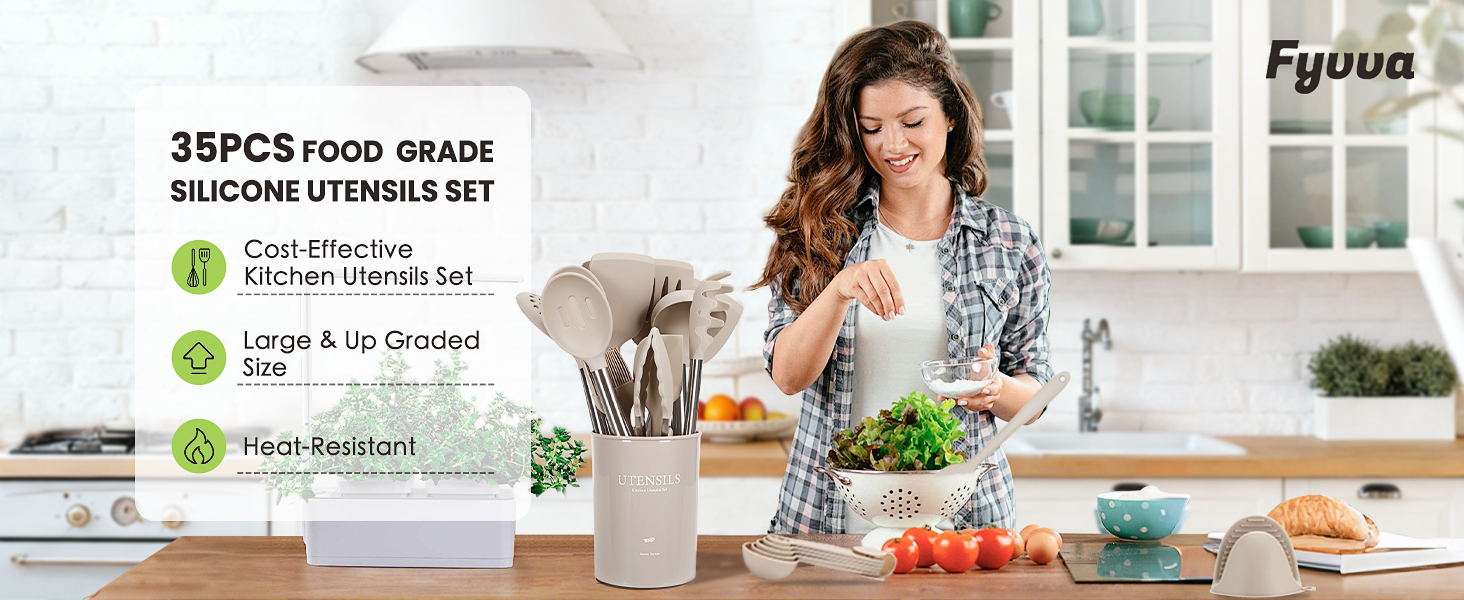 Cooking Utensils Set, 35Pcs Silicone Kitchen Utensils Set with Holder, 446°F Heat Resistant Food Grade Spatula Set, BPA Free Kitchen Gadgets for Non-stick Cookware, Easy to Clean (Khaki)