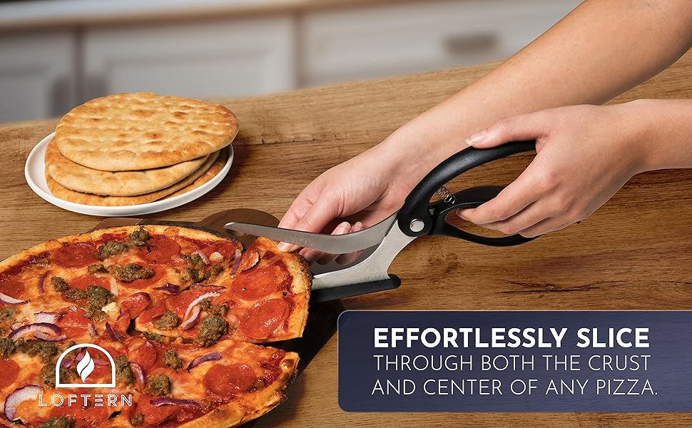 Loftern Pizza Scissors - Non-Stick Pizza Scissors with Firm Grip Base - Food Grade Stainless Steel Pizza Cutter - 5-in-1 Food Slicer & Pizza Server - Durable, Safe & Mess Free