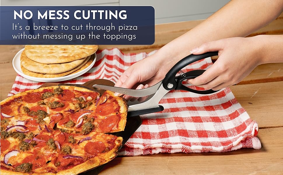 Loftern Pizza Scissors - Non-Stick Pizza Scissors with Firm Grip Base - Food Grade Stainless Steel Pizza Cutter - 5-in-1 Food Slicer & Pizza Server - Durable, Safe & Mess Free