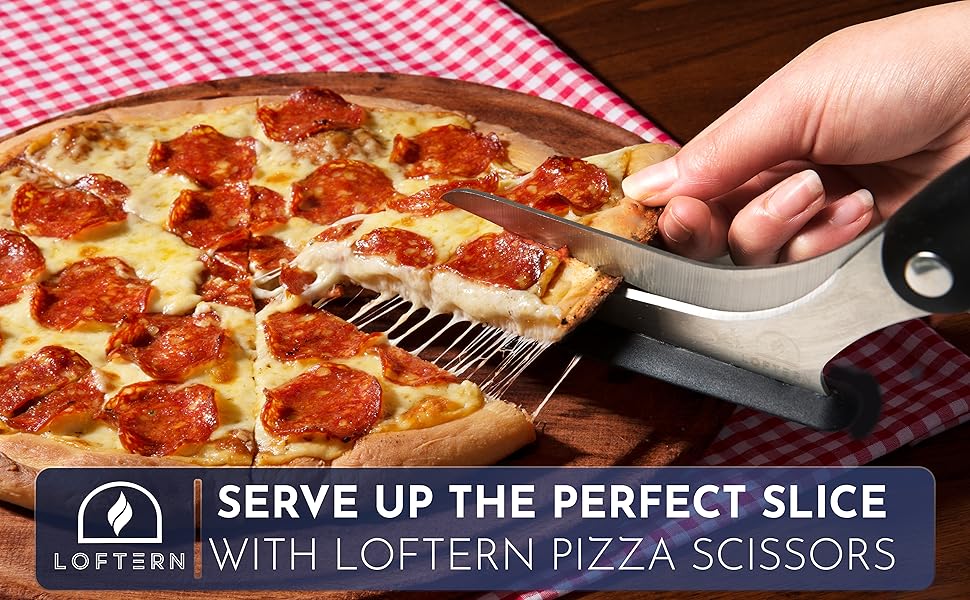 Loftern Pizza Scissors - Non-Stick Pizza Scissors with Firm Grip Base - Food Grade Stainless Steel Pizza Cutter - 5-in-1 Food Slicer & Pizza Server - Durable, Safe & Mess Free