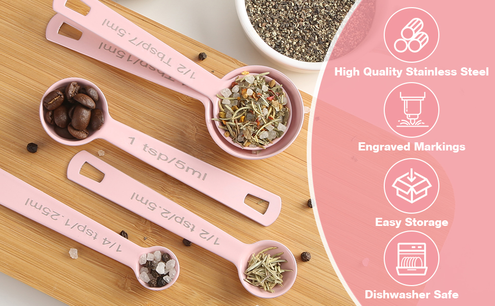 Stainless Steel Measuring Spoons Set of 5, Metal Measuring Cups and Spoons Set for Liquid/Food/Kitchen/Baking (Pink)