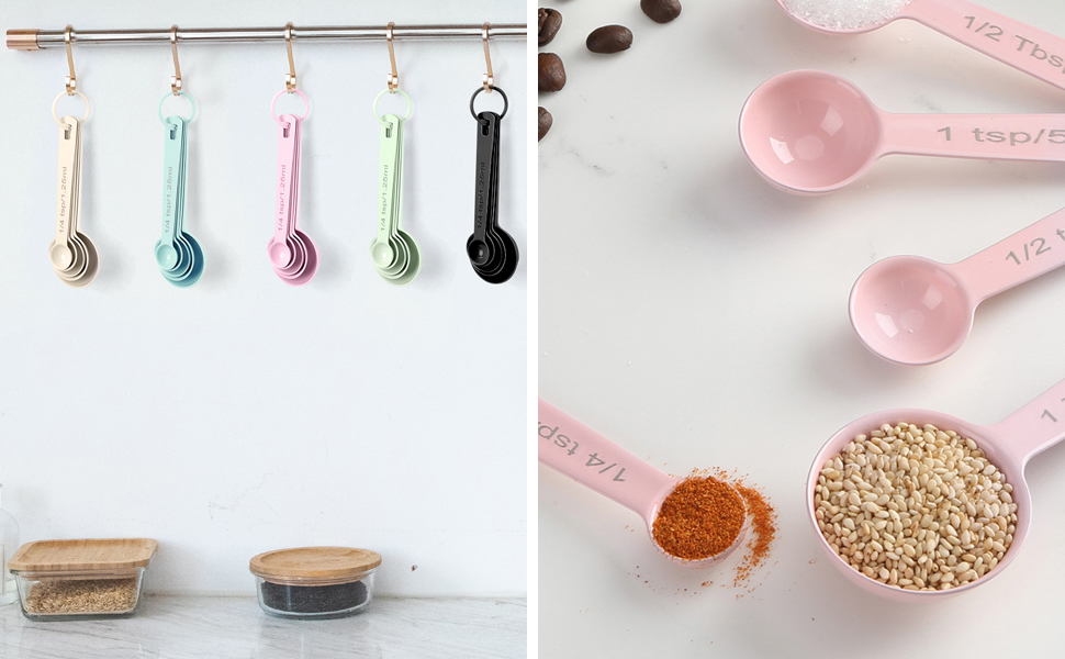 Stainless Steel Measuring Spoons Set of 5, Metal Measuring Cups and Spoons Set for Liquid/Food/Kitchen/Baking (Pink)