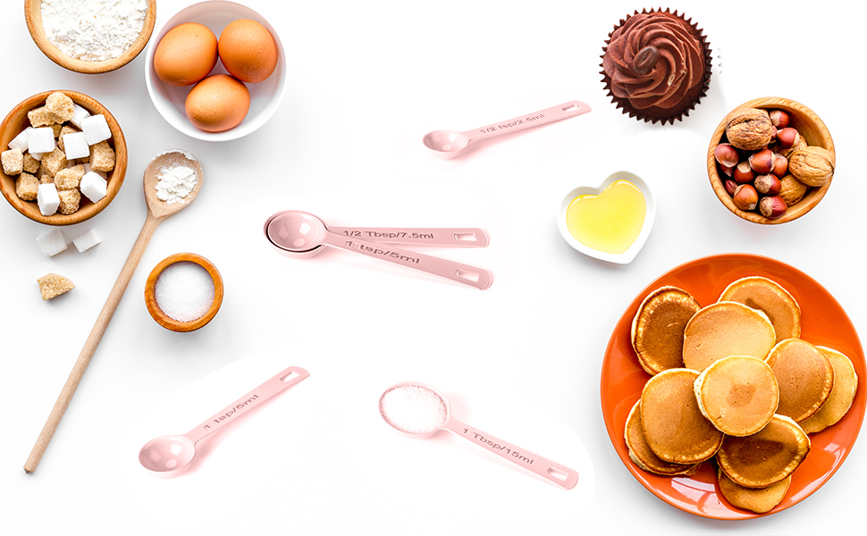 Stainless Steel Measuring Spoons Set of 5, Metal Measuring Cups and Spoons Set for Liquid/Food/Kitchen/Baking (Pink)