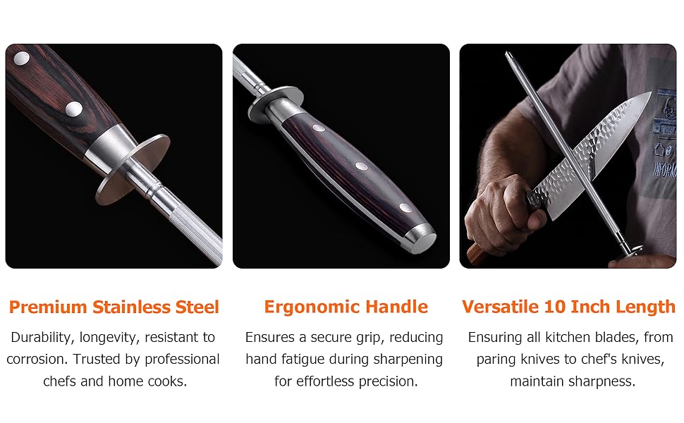 PAUDIN Honing Rod, Knife Sharpener Rod, 10 Inch Honing Steel, Professional Kitchen Knife Sharpener, High Carbon Knife Sharpening Steel with Ergonomic Pakkawood Handle for All Chef Knives