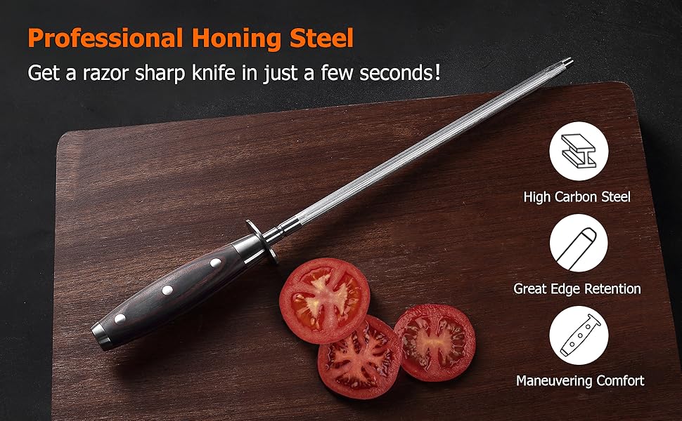 PAUDIN Honing Rod, Knife Sharpener Rod, 10 Inch Honing Steel, Professional Kitchen Knife Sharpener, High Carbon Knife Sharpening Steel with Ergonomic Pakkawood Handle for All Chef Knives