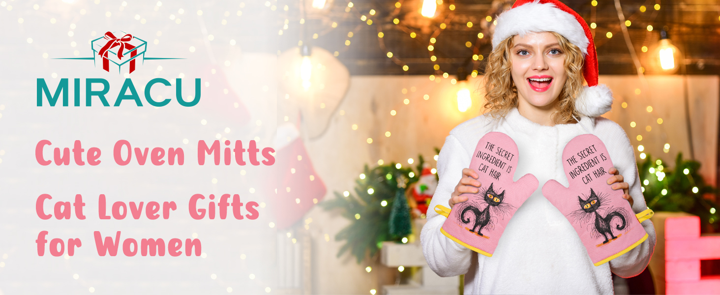 Miracu Funny Oven Mitts, Black Cats Gifts for Cat Lovers, Cute Kitten Kitchen Accessories, Fun Birthday, Mothers Day, Housewarming Baking Cooking Themed Gifts for Women Lady Mom Wife Girlfriend Owner