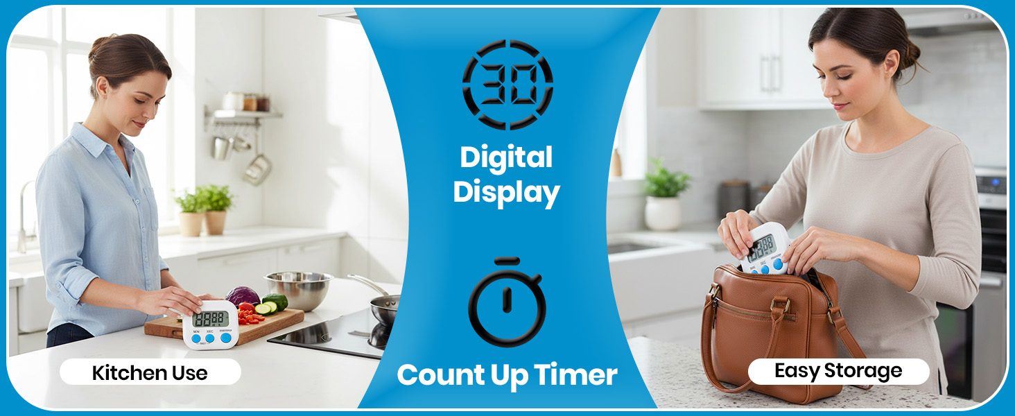 Kitchen Timers for Cooking and Baking with Big Digital Numbers and Loud Alarm Used in Cooking, Classroom, and Office.