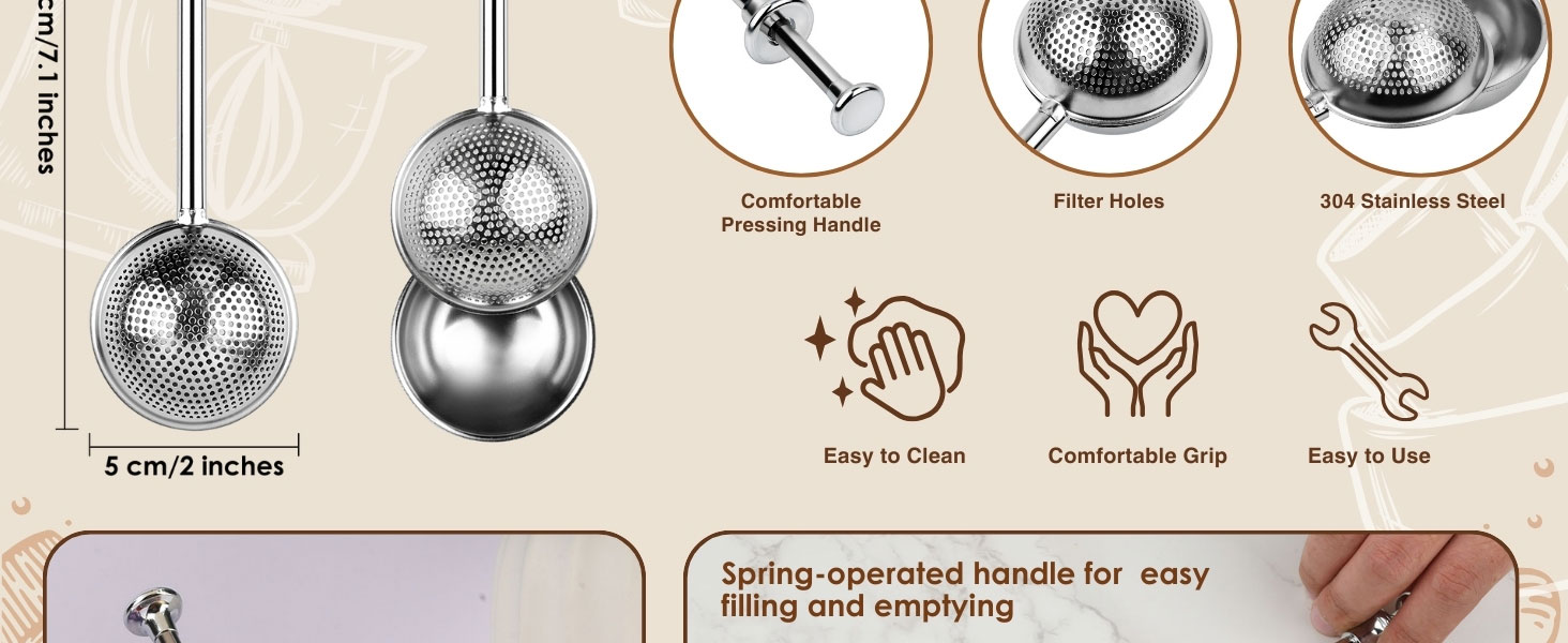 Flour Sifter 304 Stainless Steel Flour Duster Tea Strainer set of 2 Spring-operated Handle Strainer for Baking, Sifting Sugar, Flour, Spices, and Herbs