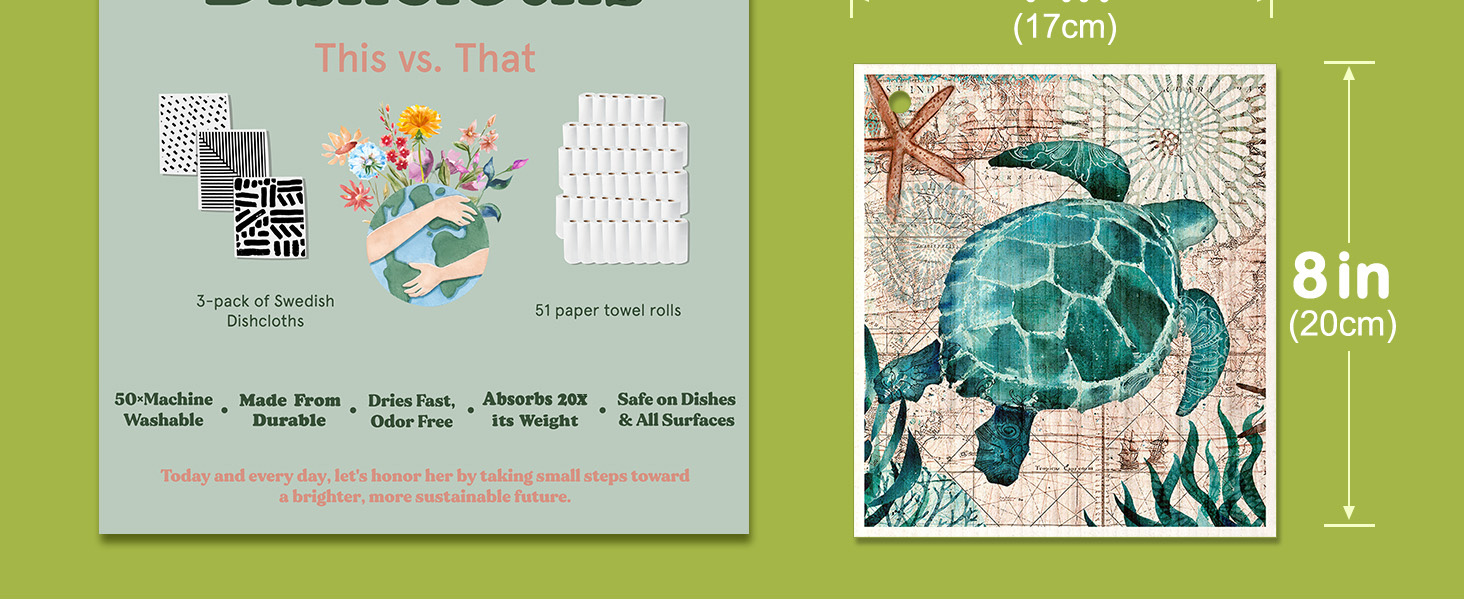 8 Pack Reusable Kitchen Swedish Dishcloths for Washing Dishes Absorbent Fast Drying Cleaning Sponge Cloths Cute Design Decorate Washable Swedish Towels, Blue Sea