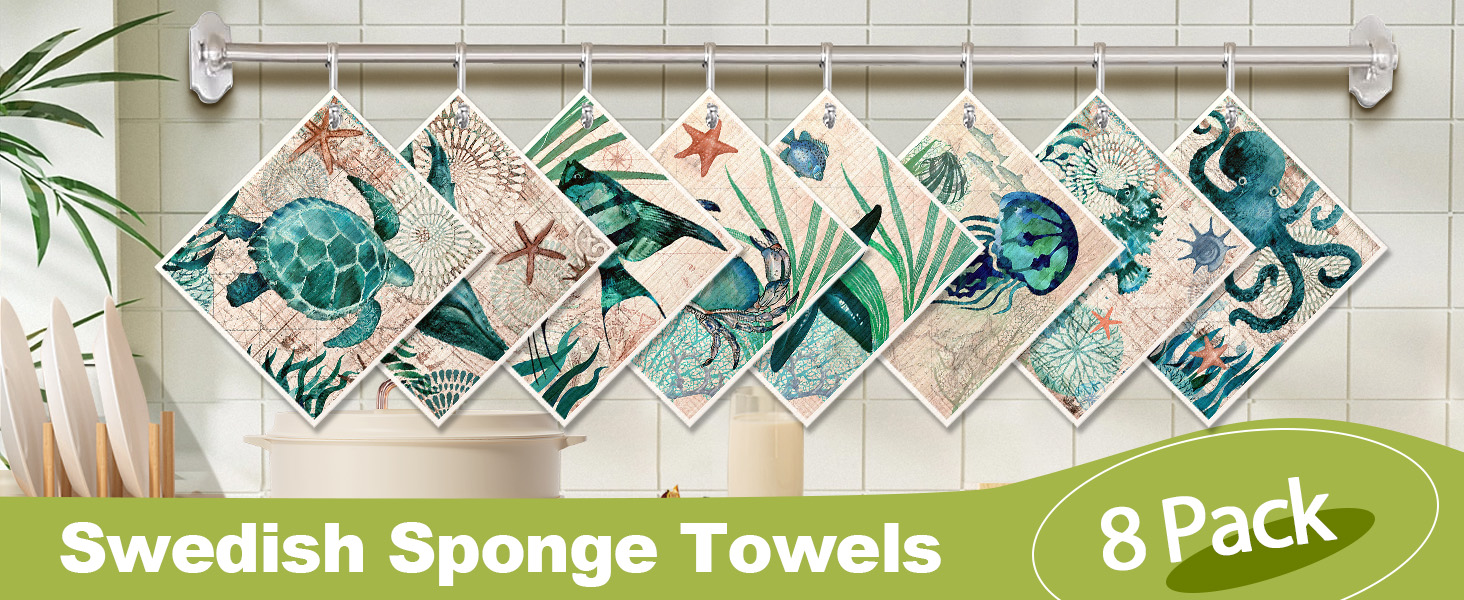 8 Pack Reusable Kitchen Swedish Dishcloths for Washing Dishes Absorbent Fast Drying Cleaning Sponge Cloths Cute Design Decorate Washable Swedish Towels, Blue Sea