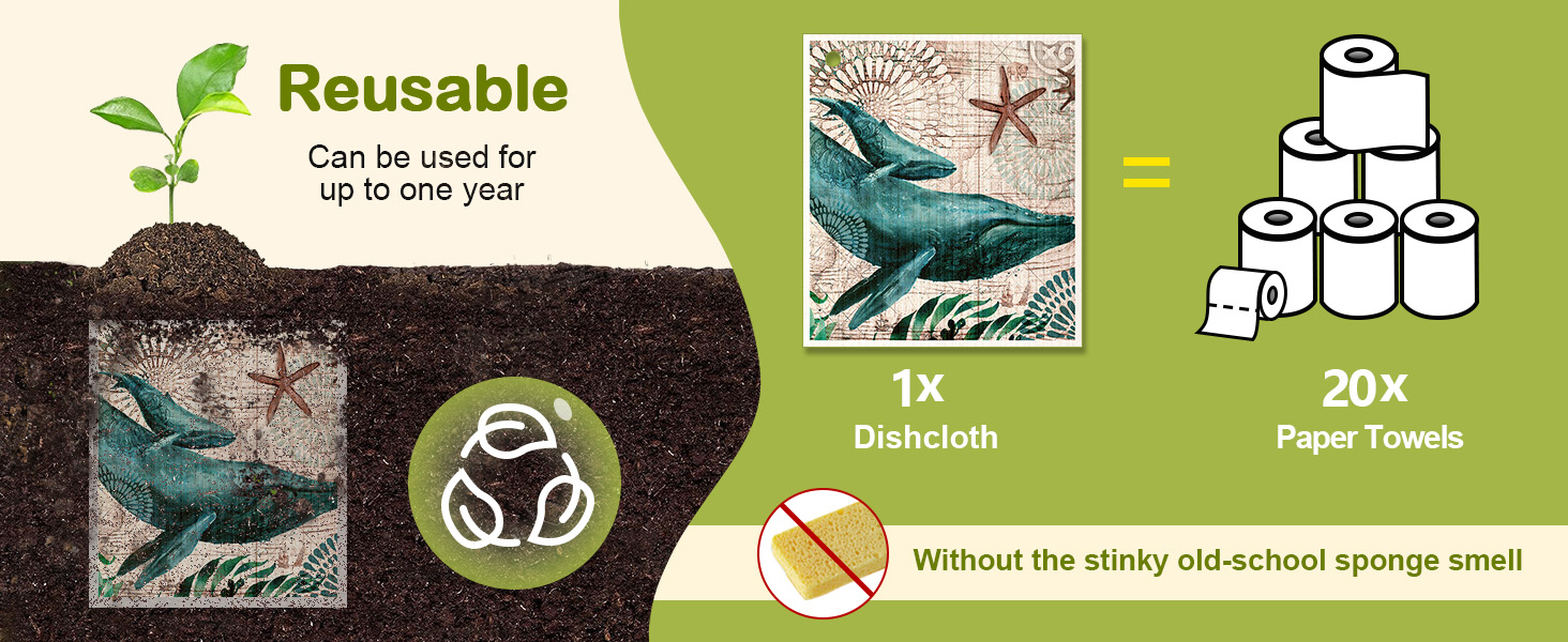 8 Pack Reusable Kitchen Swedish Dishcloths for Washing Dishes Absorbent Fast Drying Cleaning Sponge Cloths Cute Design Decorate Washable Swedish Towels, Blue Sea