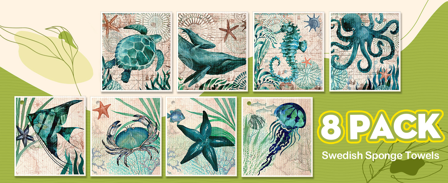 8 Pack Reusable Kitchen Swedish Dishcloths for Washing Dishes Absorbent Fast Drying Cleaning Sponge Cloths Cute Design Decorate Washable Swedish Towels, Blue Sea