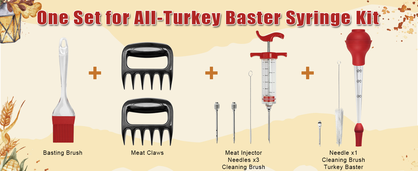 Professional Turkey Baster Meat Injector Syringe Kit, Baster for Cooking Thanksgiving & Christmas Turkey, Injector Marinades for Meats, Full Set with Basting Brush, Meat Shredder Claws, Large Capacity