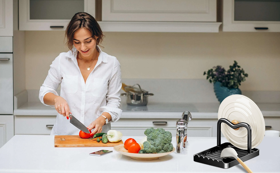 Ysks'hf spoon holder and pot lid holder，stainless steel，Kitchen Utensil Rest, scraper holder & pot holder，Spoon Holder for Stove Top - Kitchen Utensil Holder for Ladles & Tongs（Black)