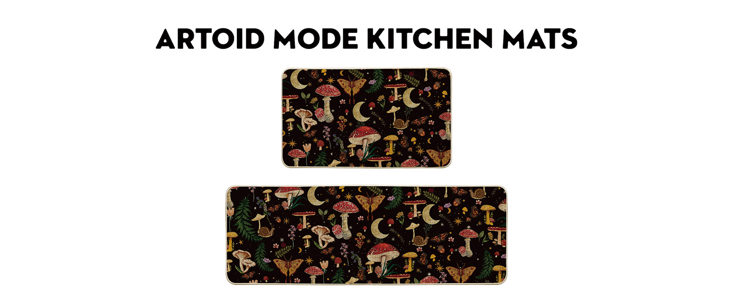 Artoid Mode Black Mushrooms Butterfly Spring Kitchen Mats Set of 2, Home Decor Low-Profile Kitchen Rugs for Floor - 17x29 and 17x47 Inch