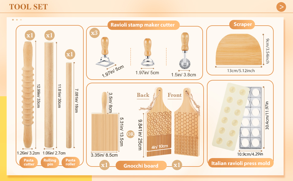 Tioncy 9 Pcs Pasta Making Tool Set Wood Gnocchi Board with Ravioli Mold Raviolo Maker Raviolo Stamp Rolling Pin Gnocco Maker for Home Cooks Kitchen Gift (Classic Gnocchi Board with Ravioli Mold Set)