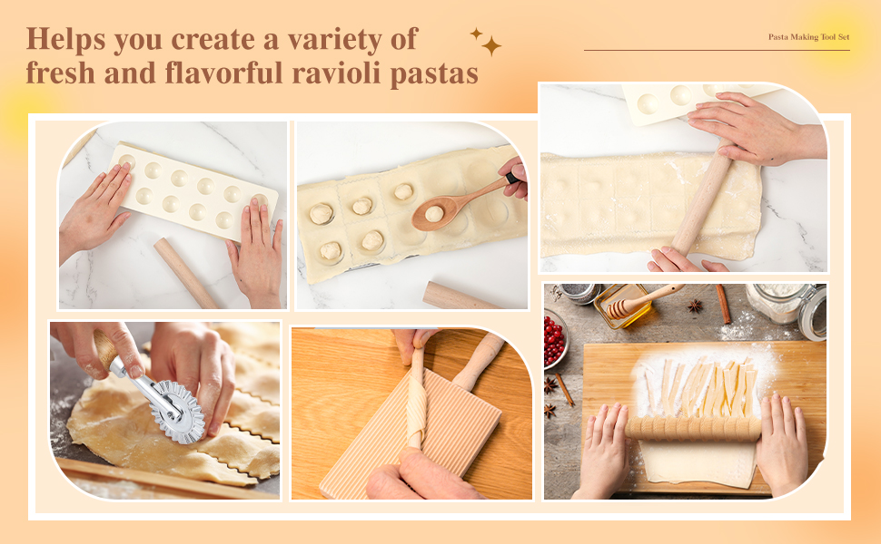 Tioncy 9 Pcs Pasta Making Tool Set Wood Gnocchi Board with Ravioli Mold Raviolo Maker Raviolo Stamp Rolling Pin Gnocco Maker for Home Cooks Kitchen Gift (Classic Gnocchi Board with Ravioli Mold Set)