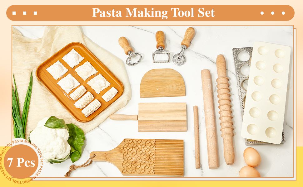Tioncy 9 Pcs Pasta Making Tool Set Wood Gnocchi Board with Ravioli Mold Raviolo Maker Raviolo Stamp Rolling Pin Gnocco Maker for Home Cooks Kitchen Gift (Classic Gnocchi Board with Ravioli Mold Set)