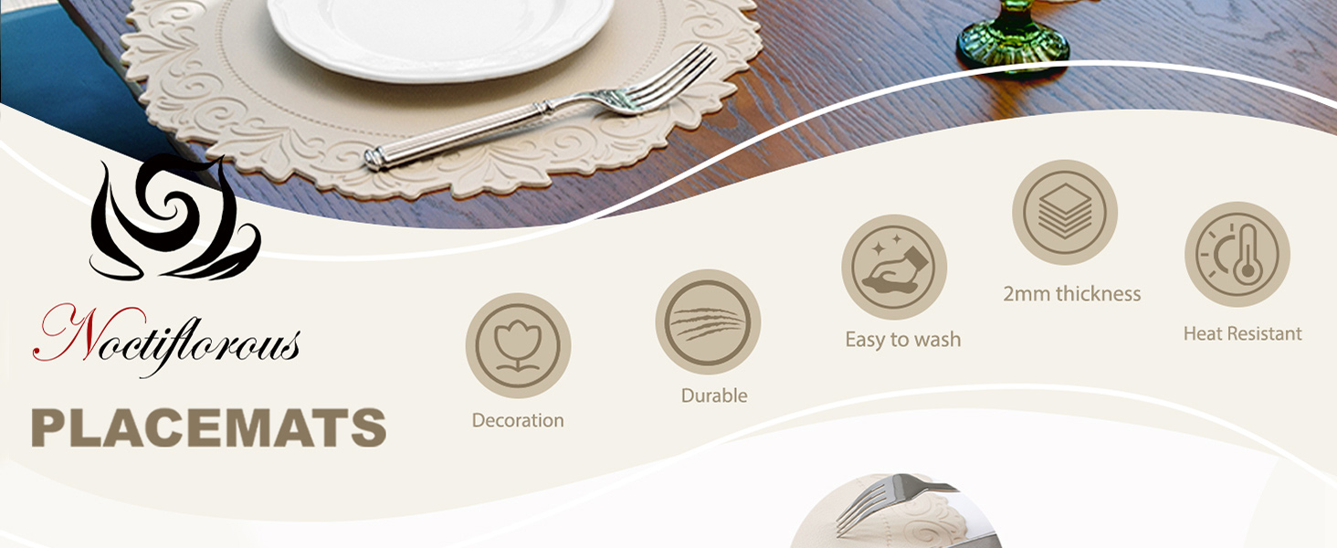 Noctiflorous Round Faux Leather 15 Inch Placemats Set of 6 Waterproof Wipeable Heat Resistant Tablemat for Dining Table Kitchen Non Slip Washable Oilproof Table Place Mat for Indoor Outdoor(Beige, 6)