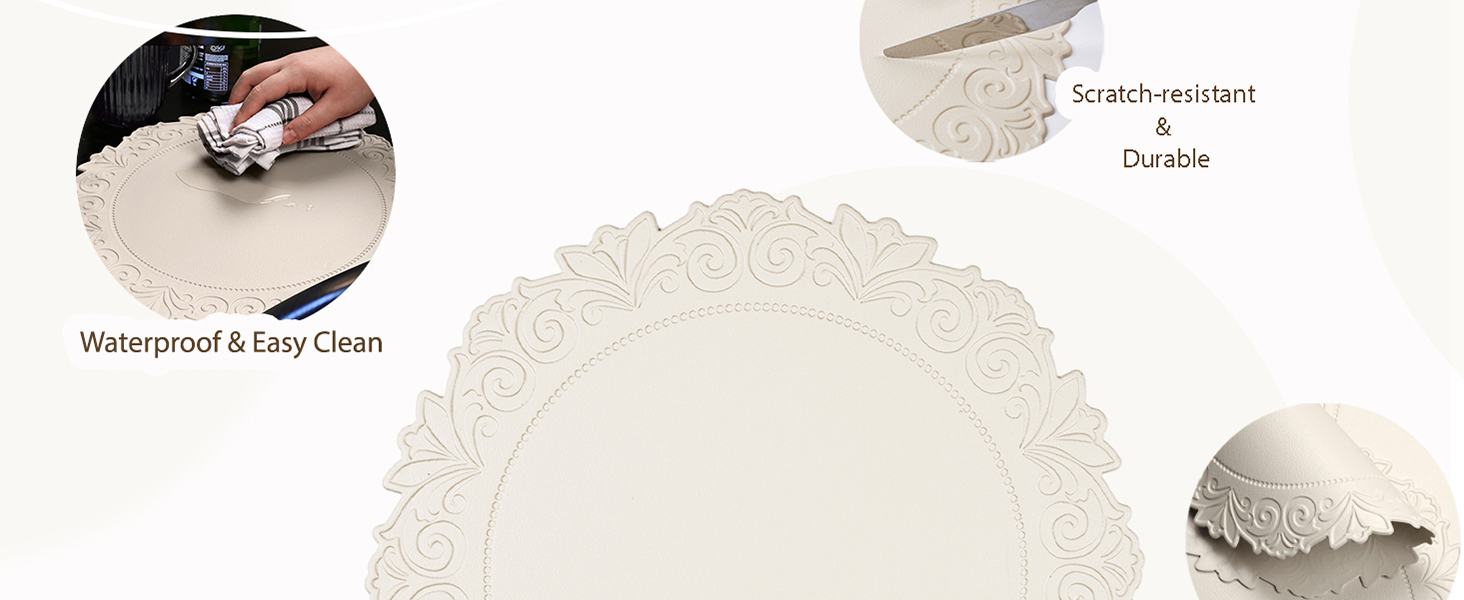Noctiflorous Round Faux Leather 15 Inch Placemats Set of 6 Waterproof Wipeable Heat Resistant Tablemat for Dining Table Kitchen Non Slip Washable Oilproof Table Place Mat for Indoor Outdoor(Beige, 6)
